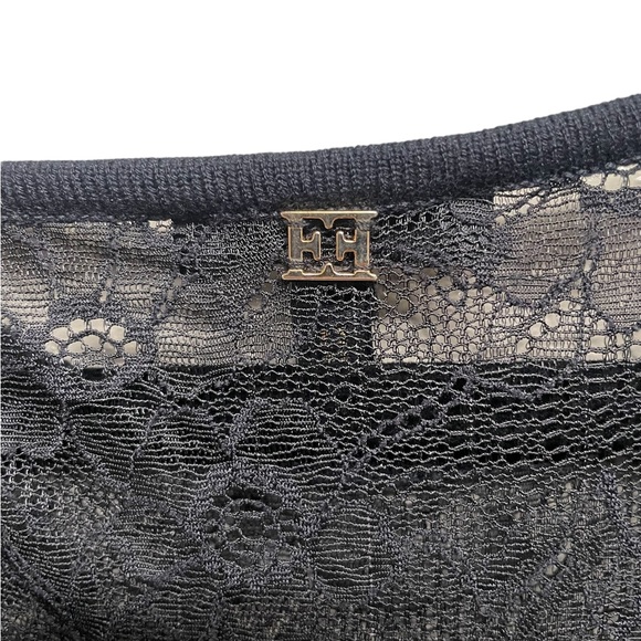 ESCADA navy blue midi dress lace details illusion neckline Size Large - Picture 7 of 10